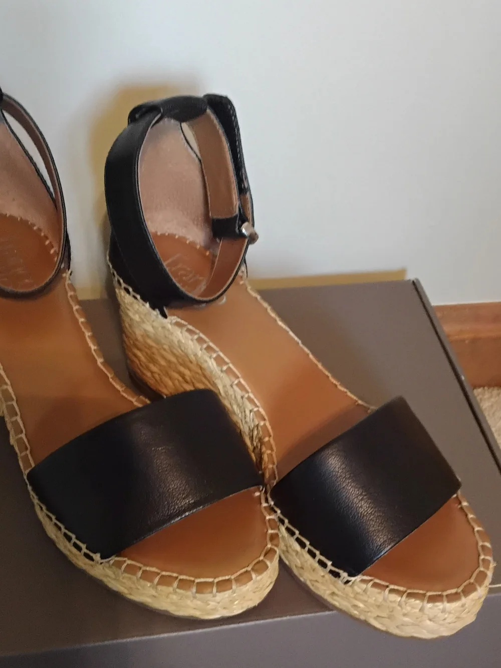 Franco Sarto Black Leather Espadrille Wedge Sandals with Ankle Strap, Size 9